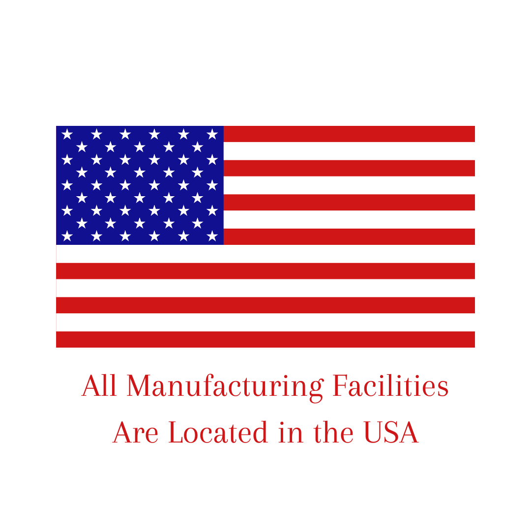 American flag icon that says 'all manufacturing facilities are located in the USA'