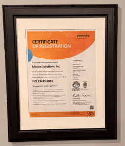 Micron Solutions' ISO 13485:2016 certificate of registration